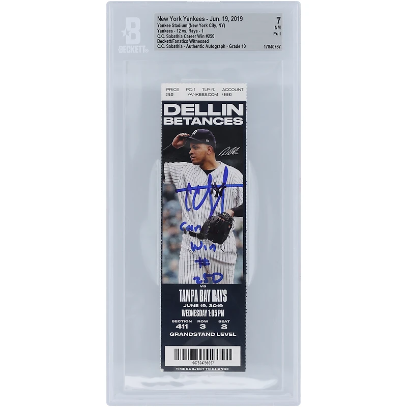CC Sabathia New York Yankees Autographed Career Win #250 Beckett Fanatics Witnessed Authenticated /10 Ticket from June 19