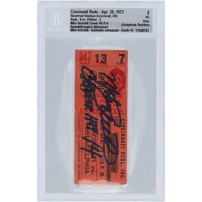 Mike Schmidt Philadelphia Phillies Autographed Career Hit #14 Beckett Fanatics Witnessed Authenticated 3/10 Ticket from April 29, 1973 with "Career Hit 14" Inscription