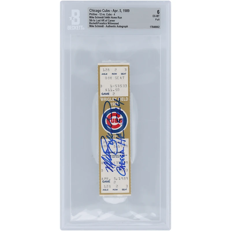 Mike Schmidt Philadelphia Phillies Autographed 5th to Last HR Career Beckett Fanatics Witnessed Authenticated 6 Ticket from April 5, 1989 with "Career HR 544" Inscription