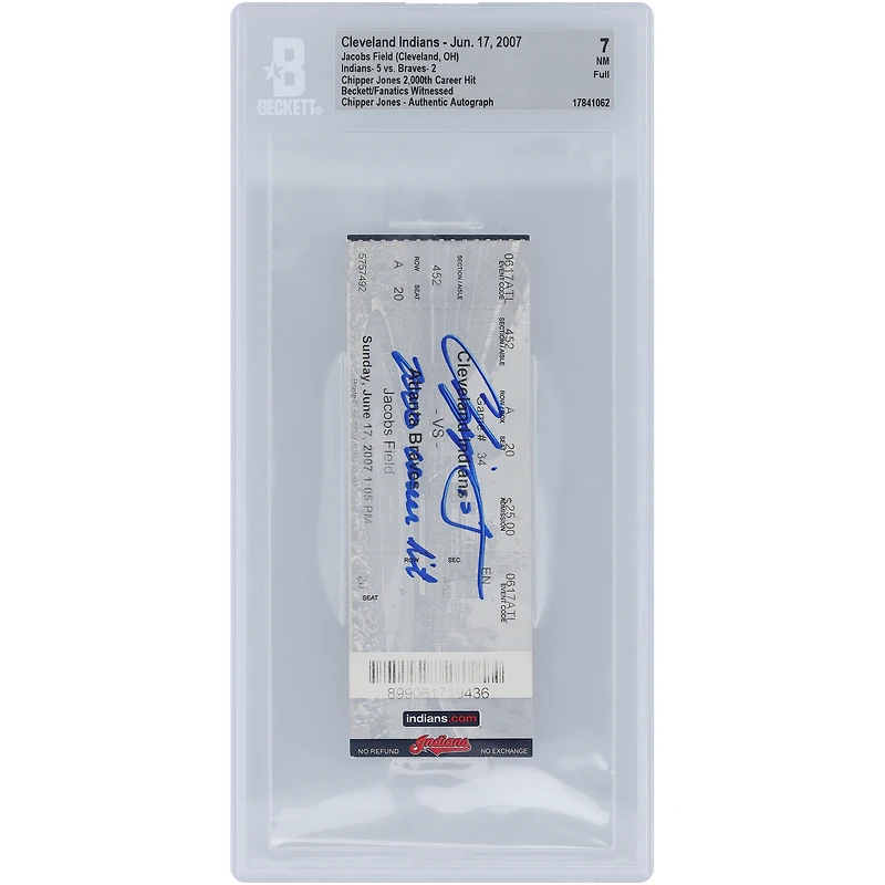 Chipper Jones Atlanta Braves Autographed 2,000th Career Hit Beckett Fanatics Witnessed Authenticated Ticket from June 17