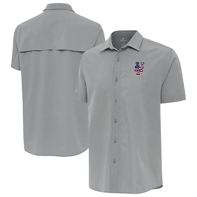 Men's Antigua Gray New York Mets Activate Stars and Stripes Team Logo Short Sleeve Button-Up Shirt