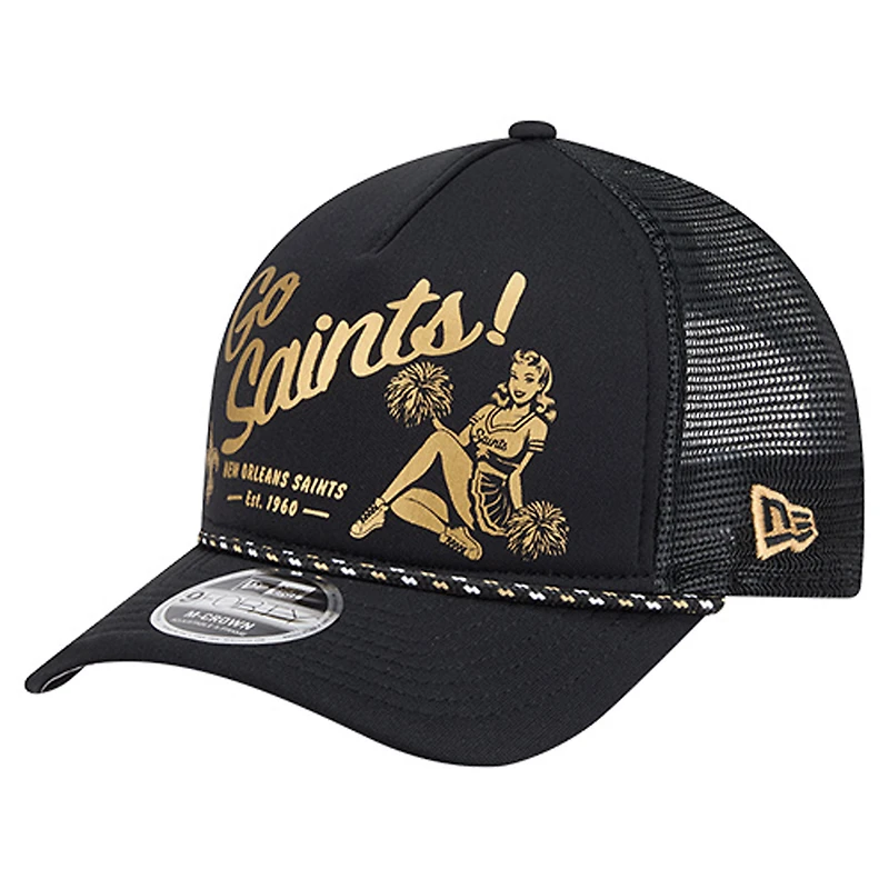 Men's New Era Black New Orleans Saints Gas Station 9FORTY A-Frame M-Crown Adjustable Trucker Hat