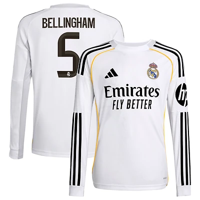 Youth adidas Jude Bellingham White Real Madrid 2025/26 Home Replica Long Sleeve Jersey