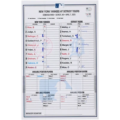 New York Yankees Game-Used Lineup Card vs. Detroit Tigers on April 7, 2025