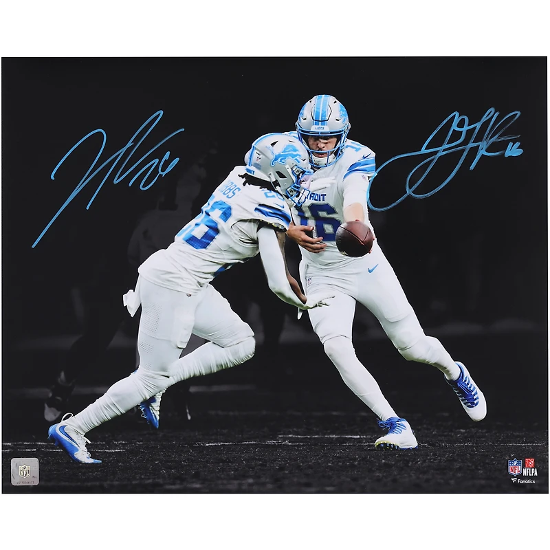 Jahmyr Gibbs & Jared Goff Detroit Lions Autographed 16" x 20" Handoff Spotlight Photograph