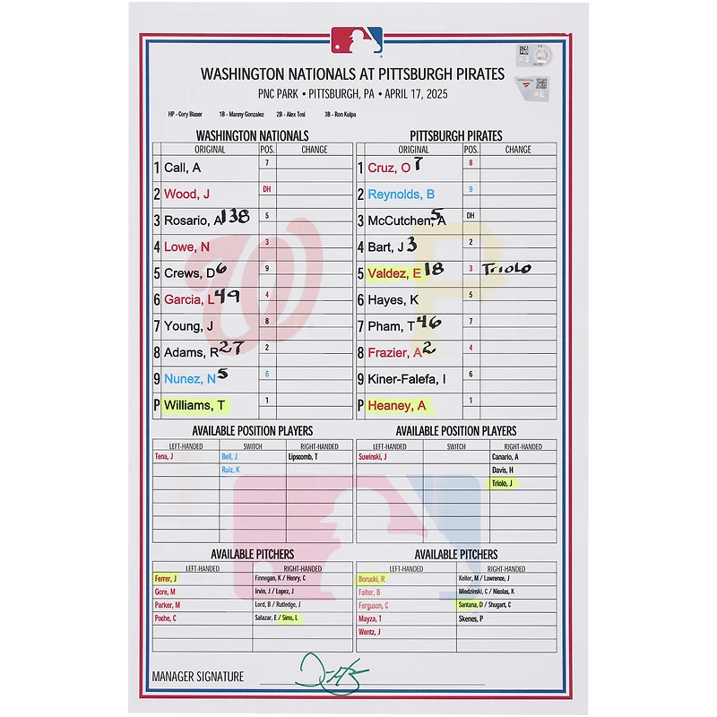 Washington Nationals Game-Used Lineup Card vs. Pittsburgh Pirates on April 17, 2025