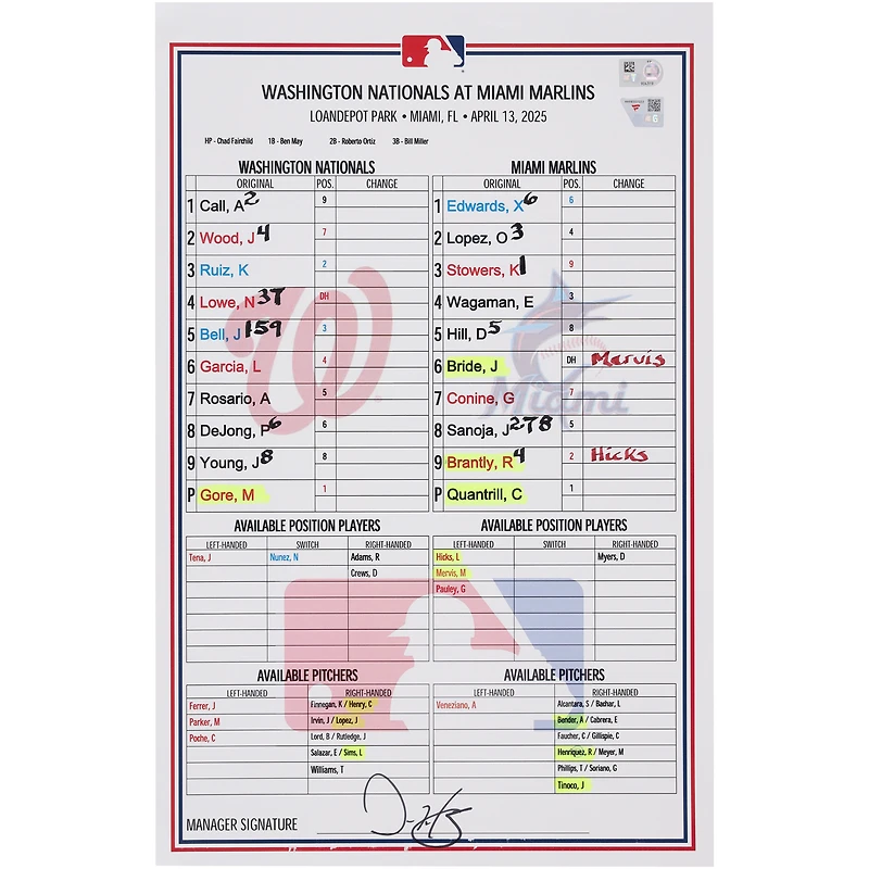 Washington Nationals Game-Used Lineup Card vs. Miami Marlins on April 13, 2025