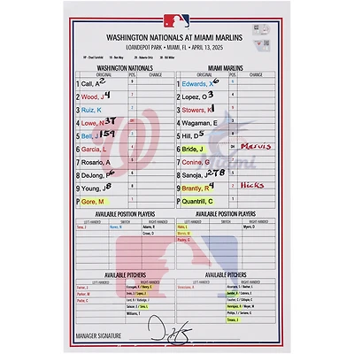 Washington Nationals Game-Used Lineup Card vs. Miami Marlins on April 13, 2025