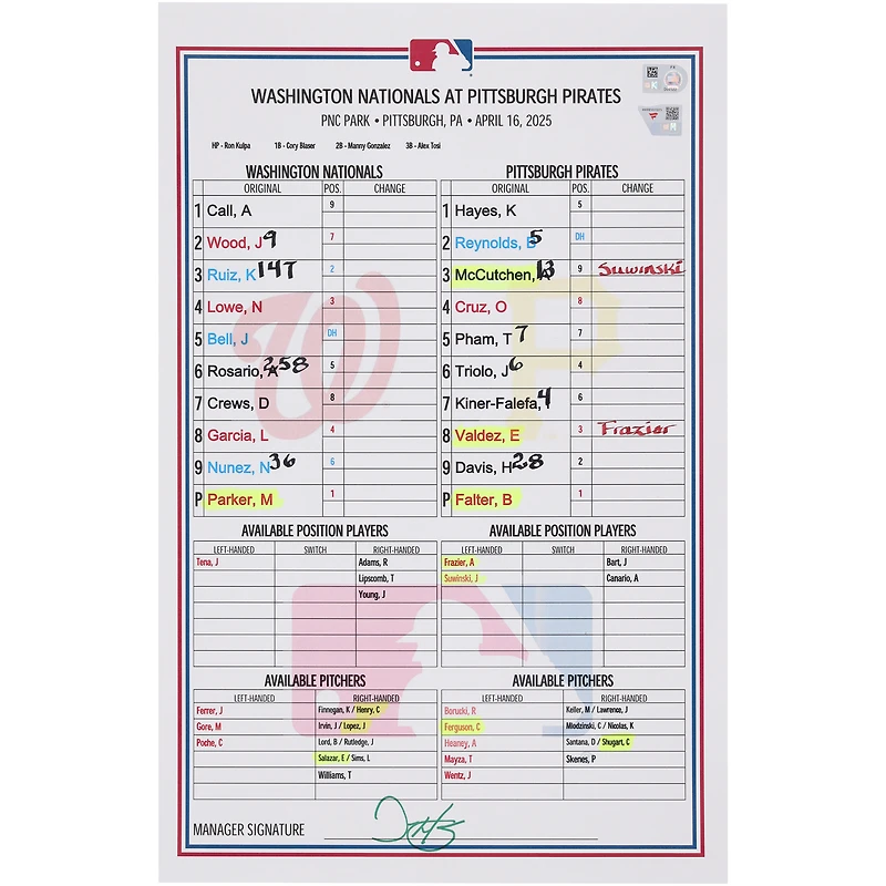 Washington Nationals Game-Used Lineup Card vs. Pittsburgh Pirates on April 16, 2025