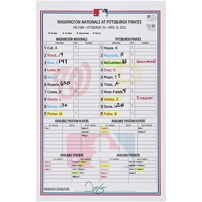 Washington Nationals Game-Used Lineup Card vs. Pittsburgh Pirates on April 16, 2025