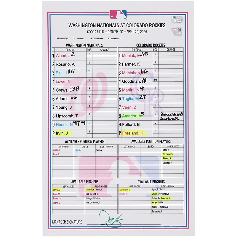 Washington Nationals Game-Used Lineup Card vs. Colorado Rockies on April 20, 2025