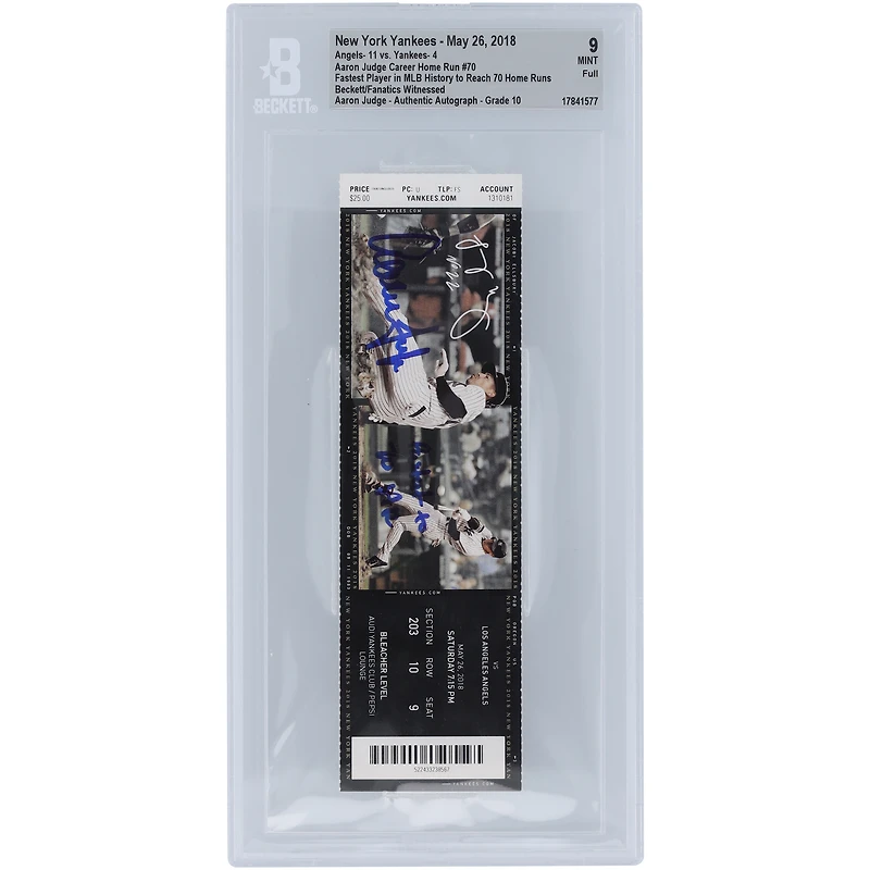Aaron Judge New York Yankees Fastest Player in MLB History to Reach 70 Home Runs Beckett Fanatics Witnessed Authenticated 9/10 Ticket from May 26