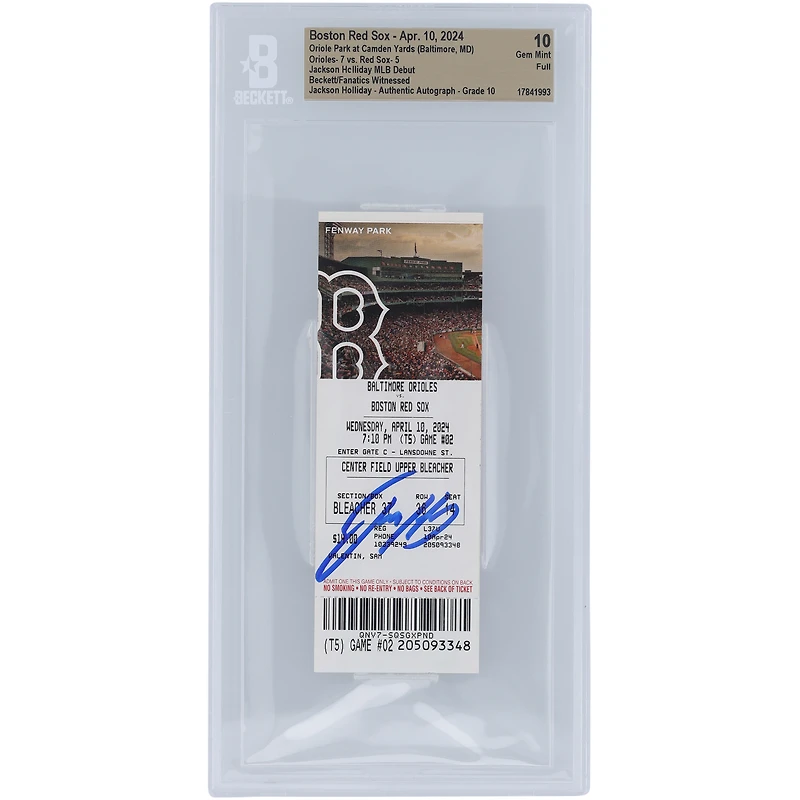 Jackson Holliday Baltimore Orioles MLB Debut Beckett Fanatics Witnessed Authenticated 10/10 Ticket from April 10