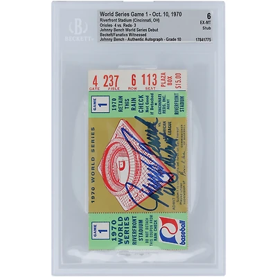 Johnny Bench Cincinnati Reds 1970 World Series Game 1 Beckett Fanatics Witnessed Authenticated 6/10 Ticket from October 10, 1970 with "WS Debut" Inscription