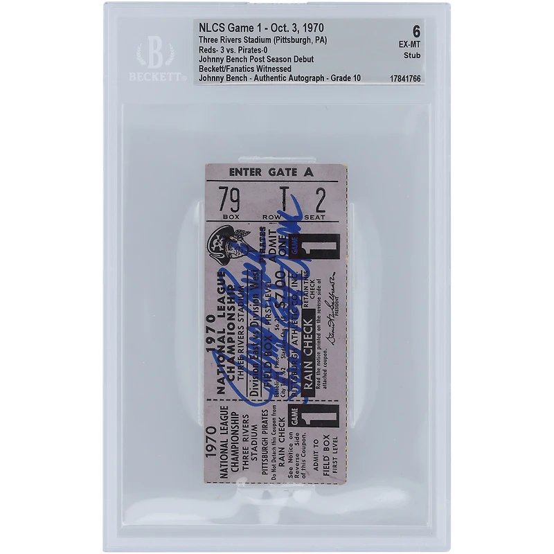 Johnny Bench Cincinnati Reds NLCS Game 1 Beckett Fanatics Witnessed Authenticated 6/10 Ticket from October 3, 1970 with "First Post Season" Inscription