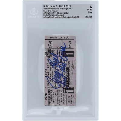 Johnny Bench Cincinnati Reds NLCS Game 1 Beckett Fanatics Witnessed Authenticated 6/10 Ticket from October 3, 1970 with "First Post Season" Inscription