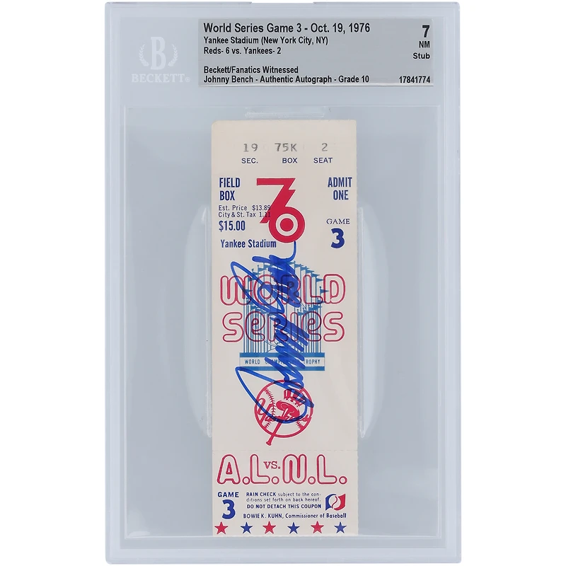 Johnny Bench Cincinnati Reds 1976 World Series Game 3 Beckett Fanatics Witnessed Authenticated 7/10 Ticket from October 19, 1976