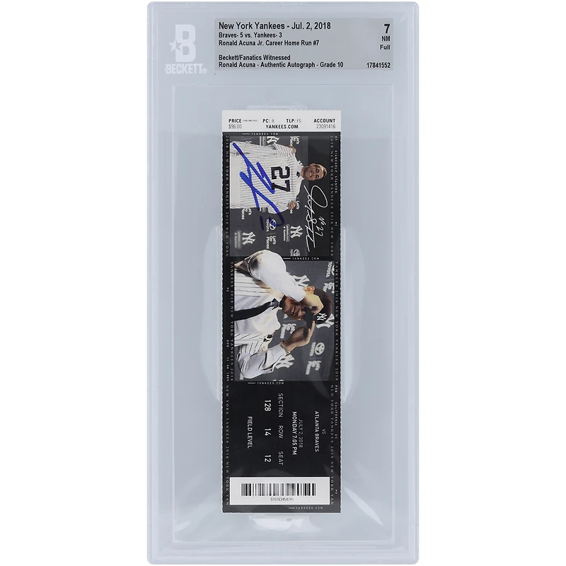 Ronald Acuña Jr. Atlanta Braves Career Home Run #7 Beckett Fanatics Witnessed Authenticated /10 Ticket from July 2