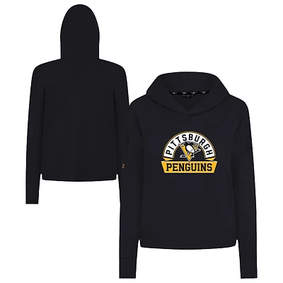 Women's Levelwear  Black Pittsburgh Penguins Sweet Banner Arch Tri-Blend Cropped Pullover Hoodie