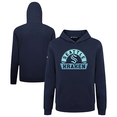 Youth Levelwear Navy Seattle Kraken Podium Banner Arch Pullover Hoodie