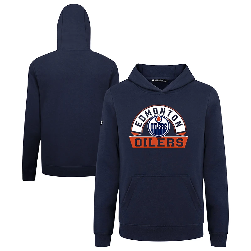 Youth Levelwear Navy Edmonton Oilers Podium Banner Arch Pullover Hoodie