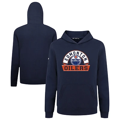 Youth Levelwear Navy Edmonton Oilers Podium Banner Arch Pullover Hoodie