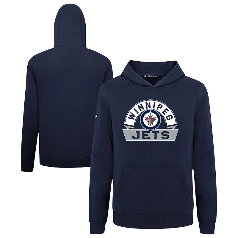 Youth Levelwear Navy Winnipeg Jets Podium Banner Arch Pullover Hoodie