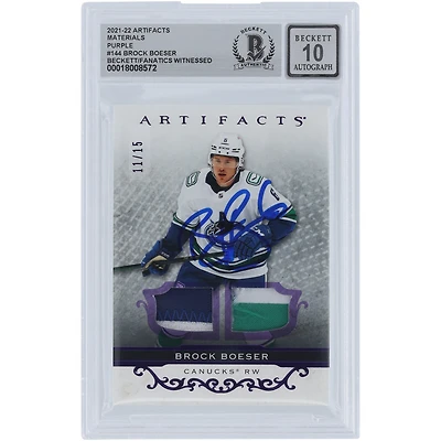 Brock Boeser Vancouver Canucks Autographed 2021-22 Upper Deck Artifacts Quad Color Relic Purple #144 #11/15 Beckett Fanatics Witnessed Authenticated 10 Card