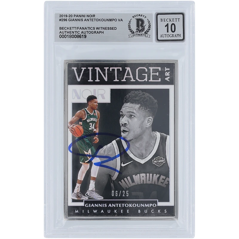 Giannis Antetokounmpo Milwaukee Bucks Autographed 2019-20 Panini Noir Vintage Art #296 #6/25 Beckett Fanatics Witnessed Authenticated 10 Card