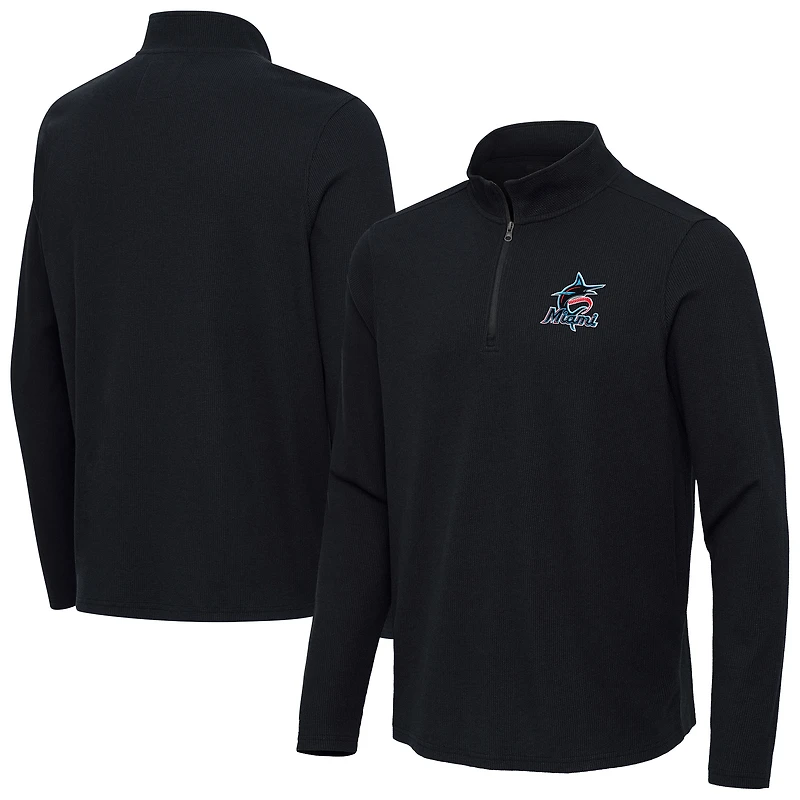 Men's Antigua Heather Black Miami Marlins Sync Tri-Blend Quarter-Zip Pullover
