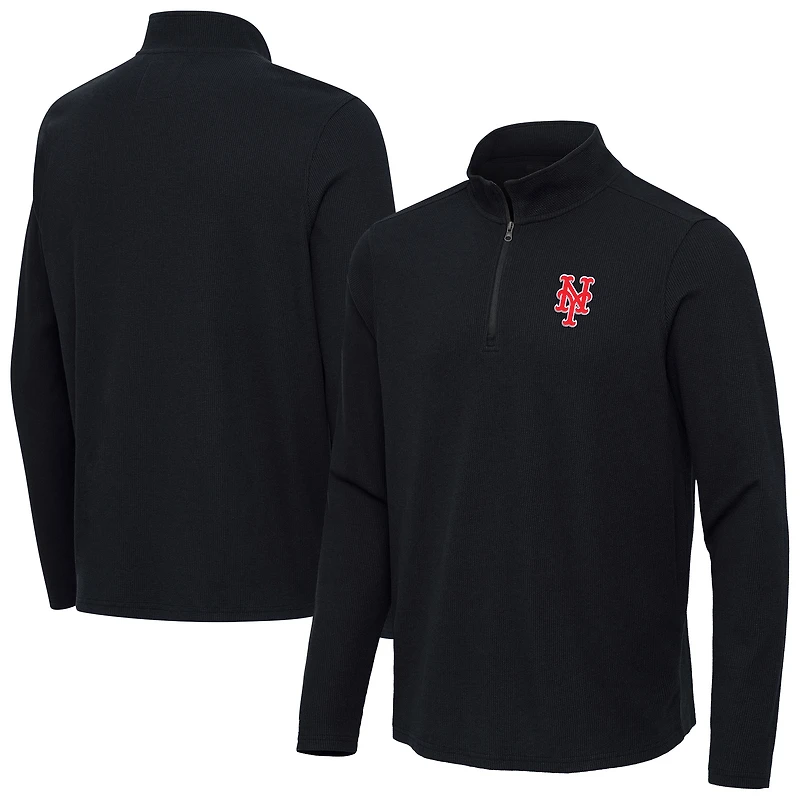 Men's Antigua Heather Black New York Mets Sync Tri-Blend Quarter-Zip Pullover