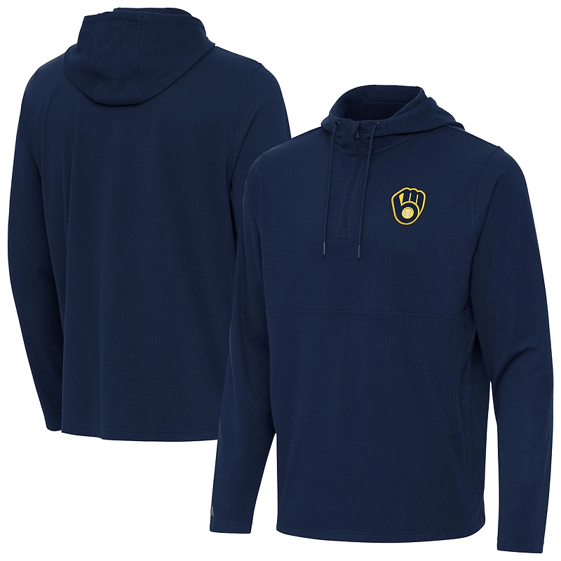 Men's Antigua Navy Milwaukee Brewers Connected Quarter-Zip Pullover Hoodie