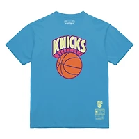 Men's Mitchell & Ness Light Blue New York Knicks Hardwood Classics Arctic Sunset Neon Retro Logo T-Shirt
