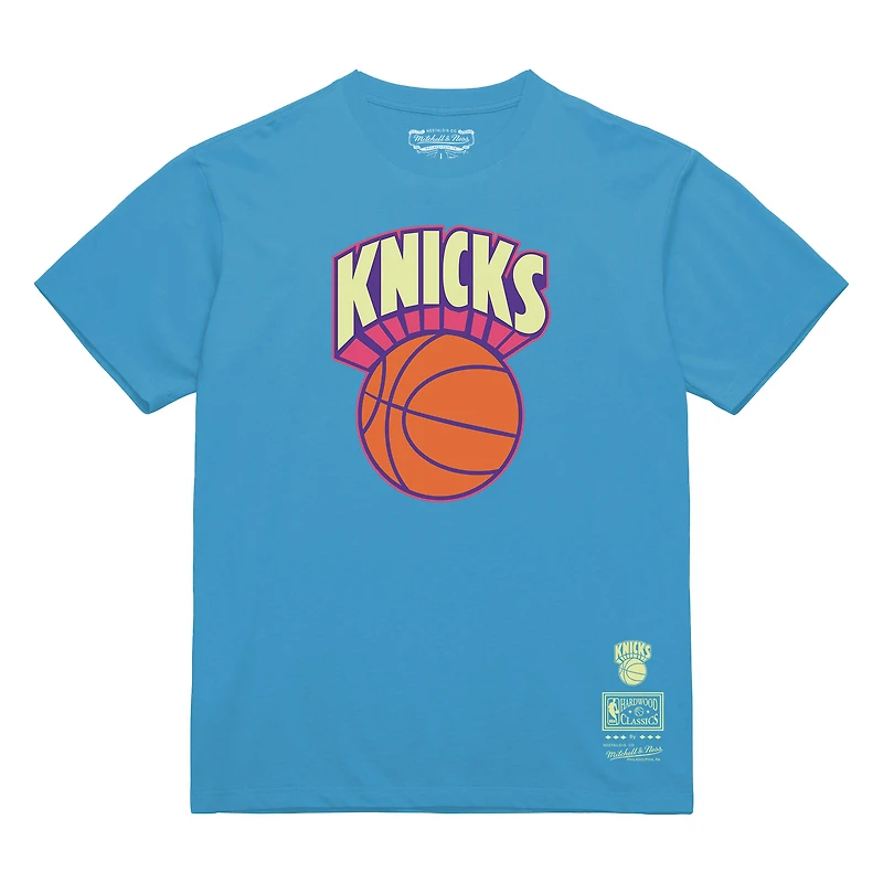 Men's Mitchell & Ness Light Blue New York Knicks Hardwood Classics Arctic Sunset Neon Retro Logo T-Shirt