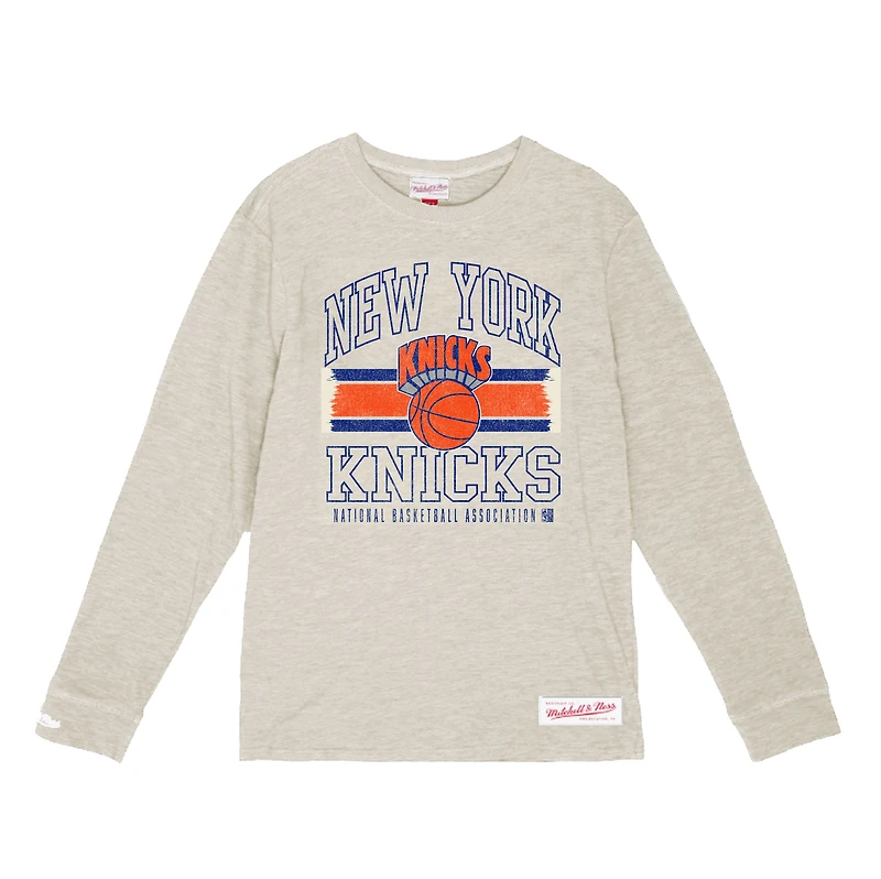 Men's Mitchell & Ness Cream New York Knicks Striped Logo Lockup Premium T-Shirt
