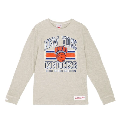 Men's Mitchell & Ness Cream New York Knicks Striped Logo Lockup Premium T-Shirt