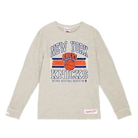 Men's Mitchell & Ness Cream New York Knicks Striped Logo Lockup Premium T-Shirt