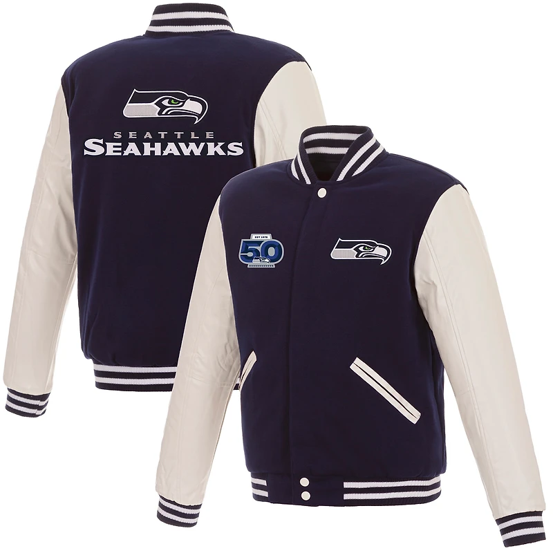 Men's JH Design  College Navy Seattle Seahawks 50th Season Reversible Full-Snap Varsity Jacket