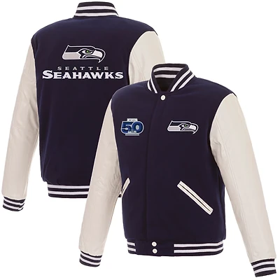 Men's JH Design  College Navy Seattle Seahawks 50th Season Reversible Full-Snap Varsity Jacket