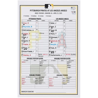 Pittsburgh Pirates Game-Used Lineup Card vs. Los Angeles Angels on April 23, 2025