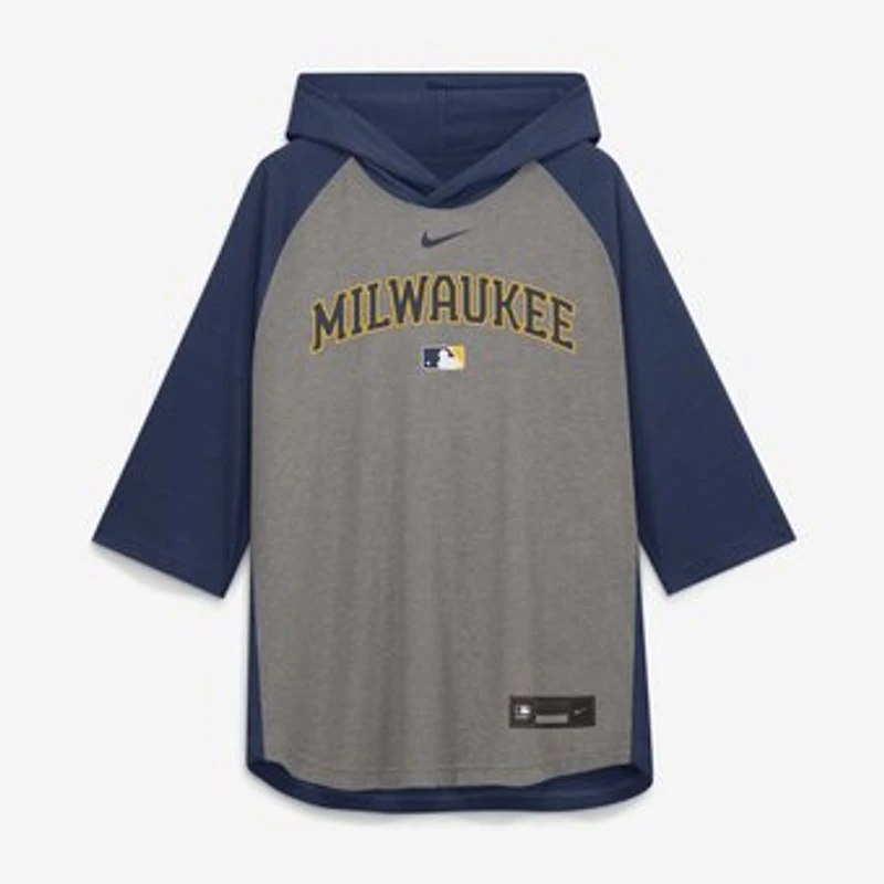 Men's Nike Gray Milwaukee Brewers Authentic Collection Flux Dri-FIT Raglan 3/4-Sleeve Hooded T-Shirt