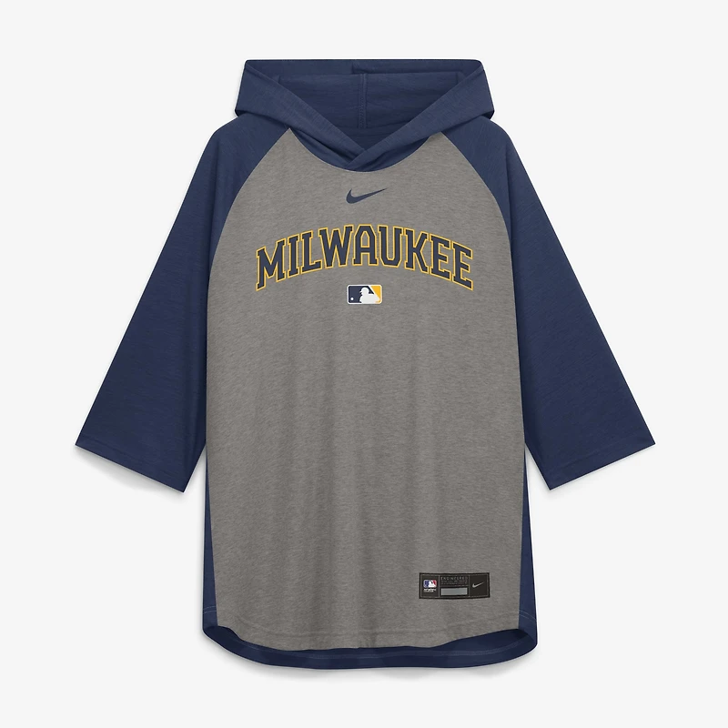 Men's Nike Gray Milwaukee Brewers Authentic Collection Flux Dri-FIT Raglan 3/4-Sleeve Hooded T-Shirt