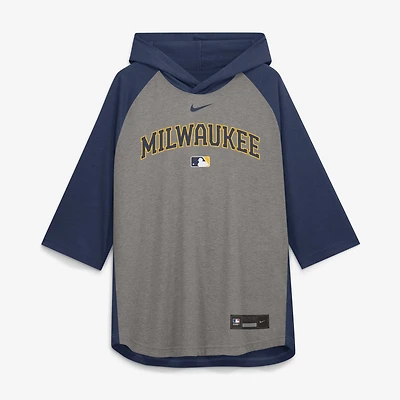 Men's Nike Gray Milwaukee Brewers Authentic Collection Flux Dri-FIT Raglan 3/4-Sleeve Hooded T-Shirt