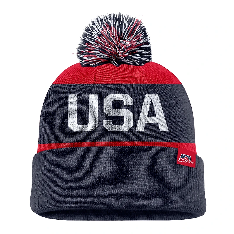 Men's Nike Navy US Hockey Peak Stripe Tri-Blend Cuffed Knit Hat with Pom