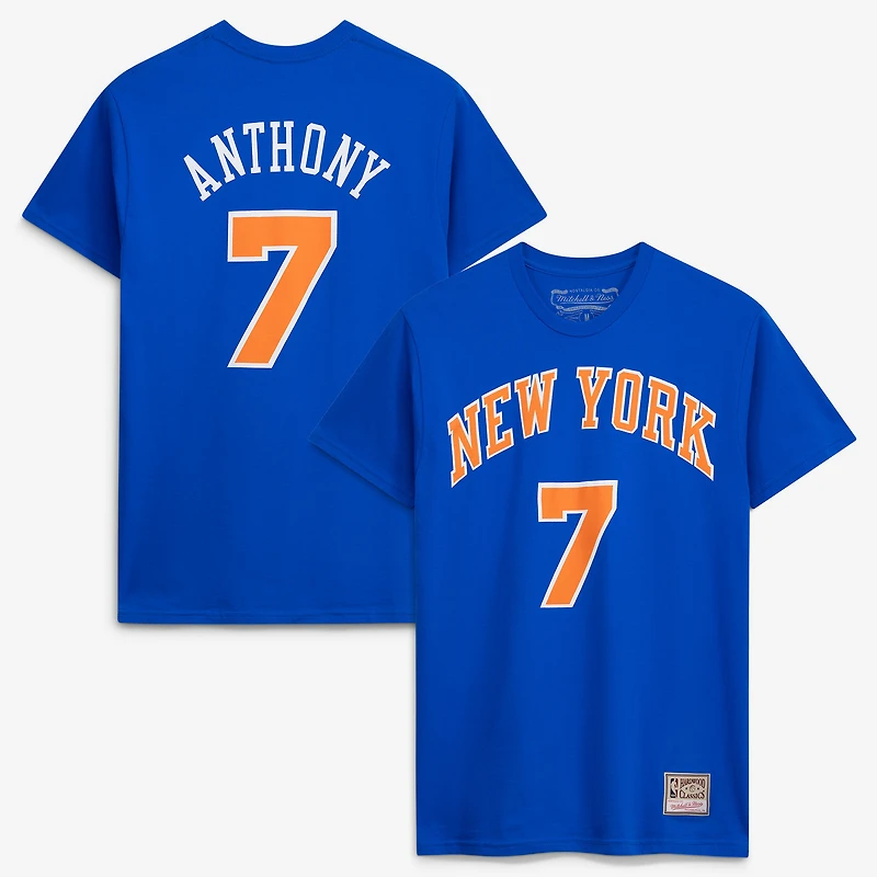Men's Mitchell & Ness Carmelo Anthony Royal New York Knicks Hardwood Classics Retro Name & Number T-Shirt