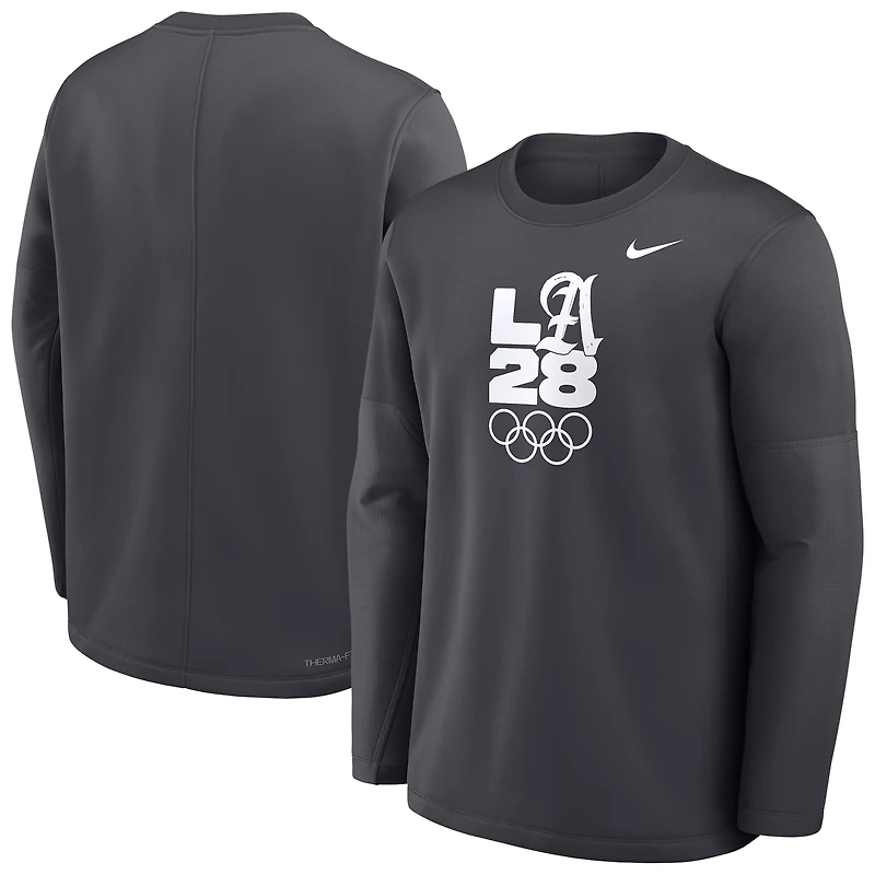 Men's Nike Anthracite LA28 Coaches Script Therma-FIT Long Sleeve T-Shirt