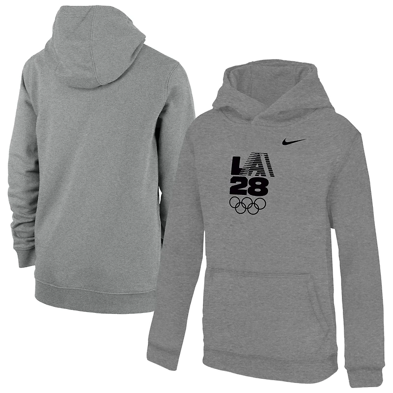 Youth Nike Heather Gray LA28 Summer Olympics Retro Stripe Primary Club Fleece Hoodie