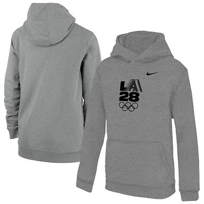 Youth Nike Heather Gray LA28 Summer Olympics Retro Stripe Primary Club Fleece Hoodie