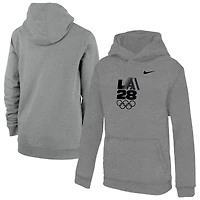 Youth Nike Heather Gray LA28 Summer Olympics Retro Stripe Primary Club Fleece Hoodie