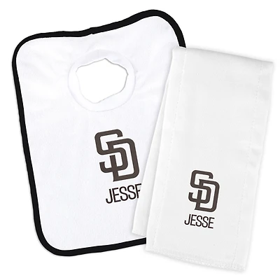 Infant Chad & Jake /White San Diego Padres Personalized Bib & Burp Cloth Set